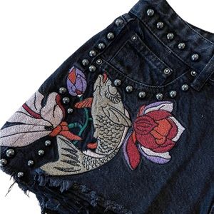 Women’s Pull &Bear Black Denim Shorts Designed with Koi and Flowers Beaded Studs